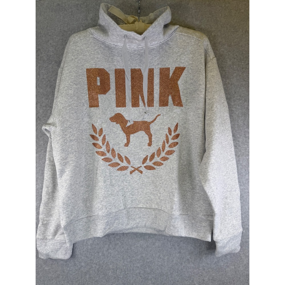 Victoria's Secret PINK Heather Gray Dog Logo Funnel Neck‎ Hoodie - Medium